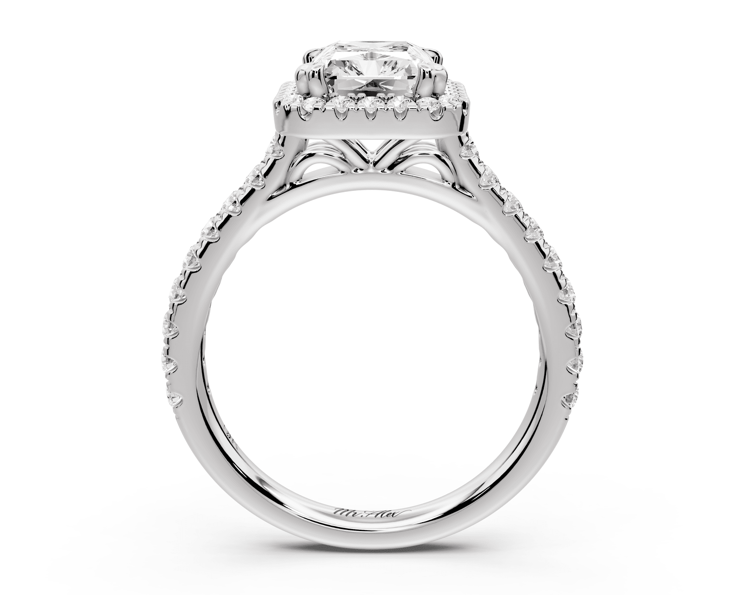 Marcella - 2ct 14k white gold radiant halo double talon prong cathedral pavé engagement ring - Mr. Alex Jewelry
