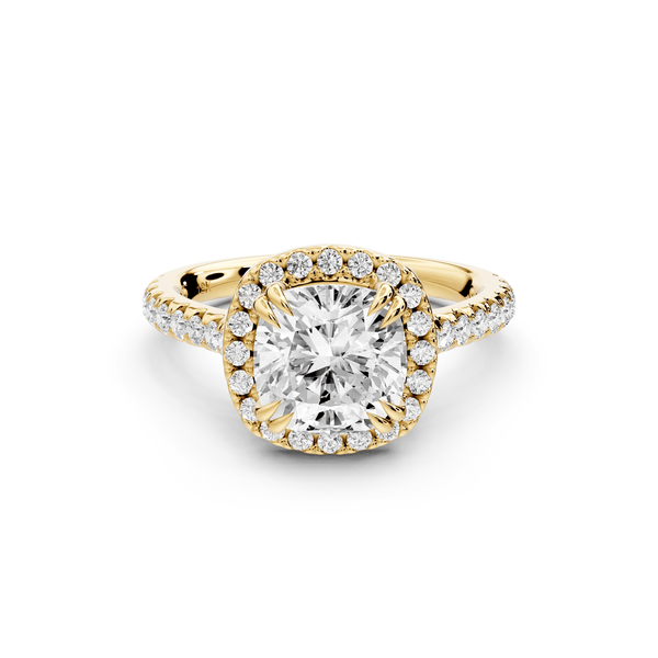 Marcella - 2ct 14k yellow gold cushion halo double talon prong cathedral pavé engagement ring - Mr. Alex Jewelry