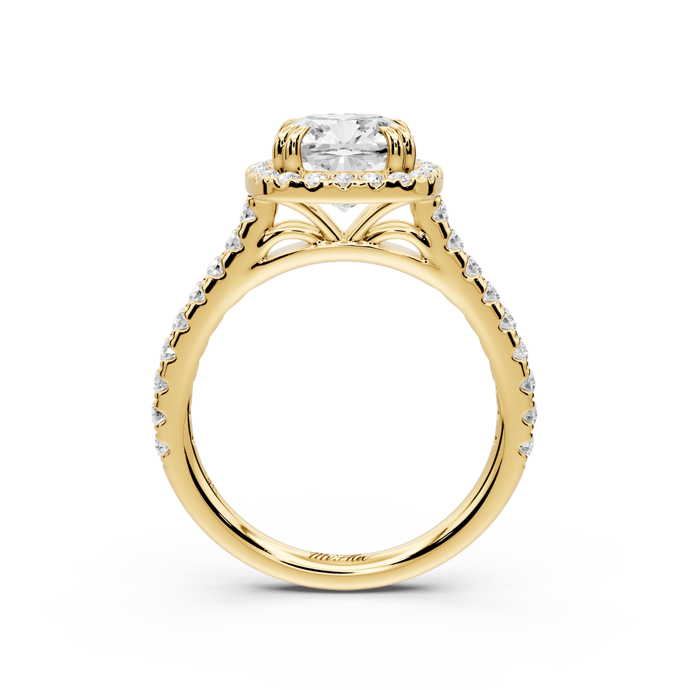 Marcella - 2ct 14k yellow gold cushion halo double talon prong cathedral pavé engagement ring - Mr. Alex Jewelry
