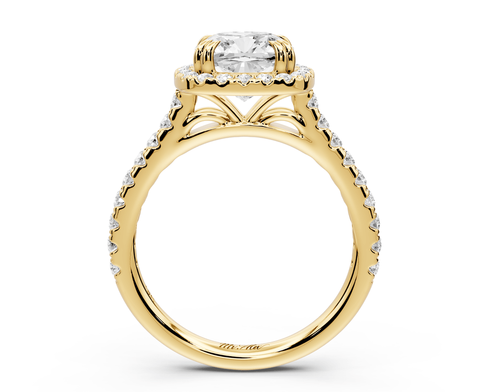 Marcella - 2ct 14k yellow gold cushion halo double talon prong cathedral pavé engagement ring - Mr. Alex Jewelry