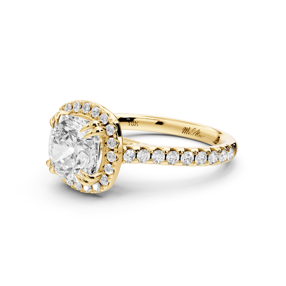 Marcella - 2ct 14k yellow gold cushion halo double talon prong cathedral pavé engagement ring - Mr. Alex Jewelry
