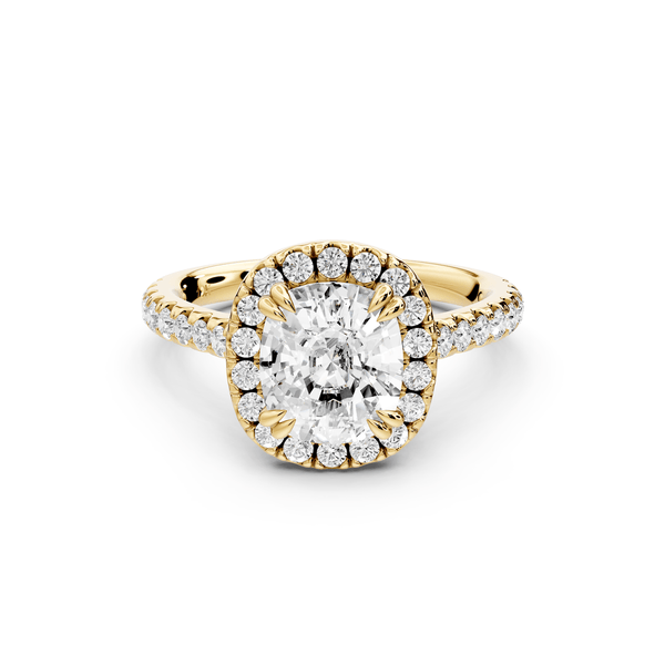 Marcella - 2ct 14k yellow gold ecushion halo double talon prong cathedral pavé engagement ring - Mr. Alex Jewelry