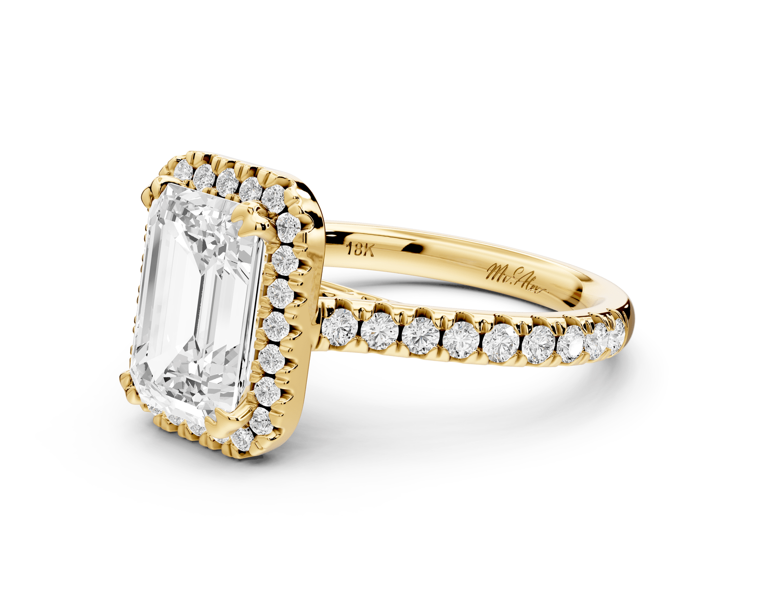 Marcella - 2ct 14k yellow gold emerald halo double talon prong cathedral pavé engagament ring - Mr. Alex Jewelry