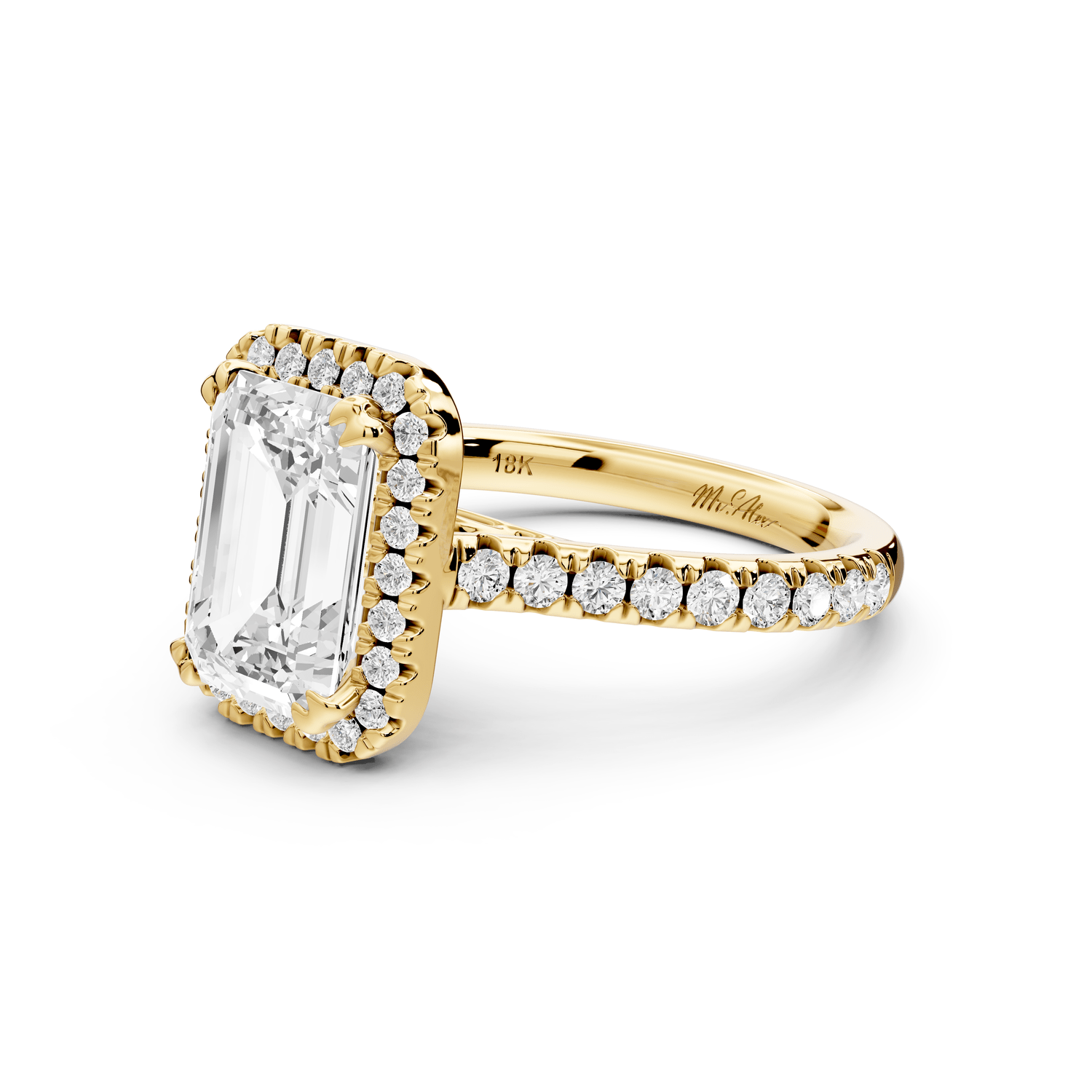 Marcella - 2ct 14k yellow gold emerald halo double talon prong cathedral pavé engagament ring - Mr. Alex Jewelry