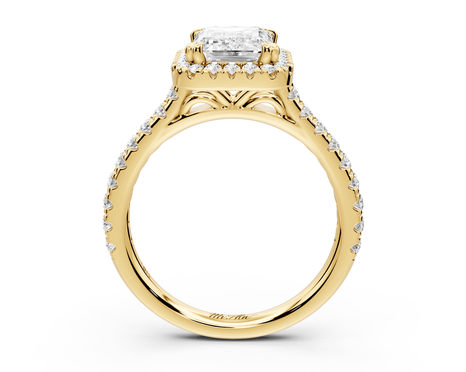 Marcella - 2ct 14k yellow gold emerald halo double talon prong cathedral pavé engagament ring - Mr. Alex Jewelry