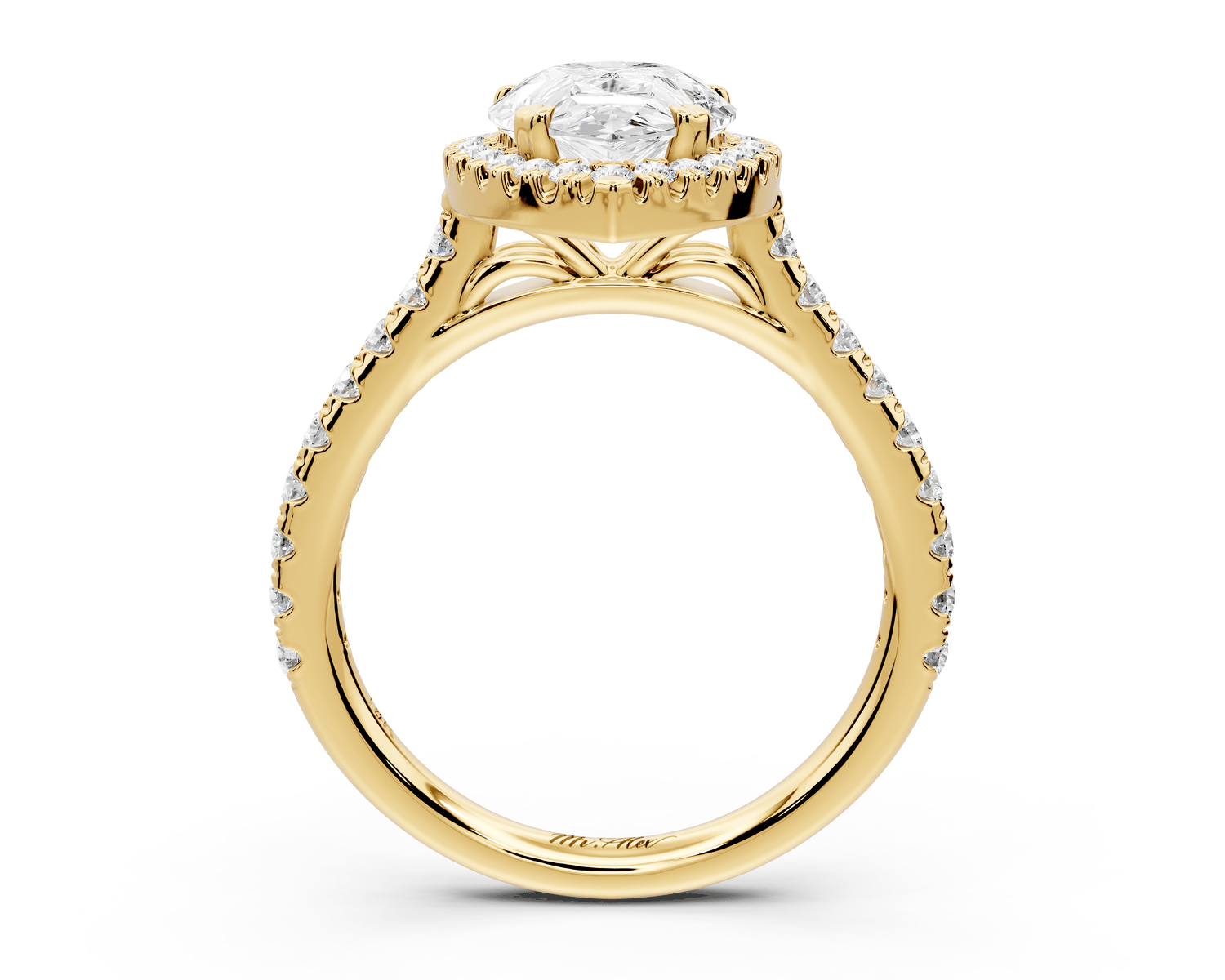 Marcella - 2ct 14k yellow gold pear halo double talon prong cathedral pavé engagament ring - Mr. Alex Jewelry