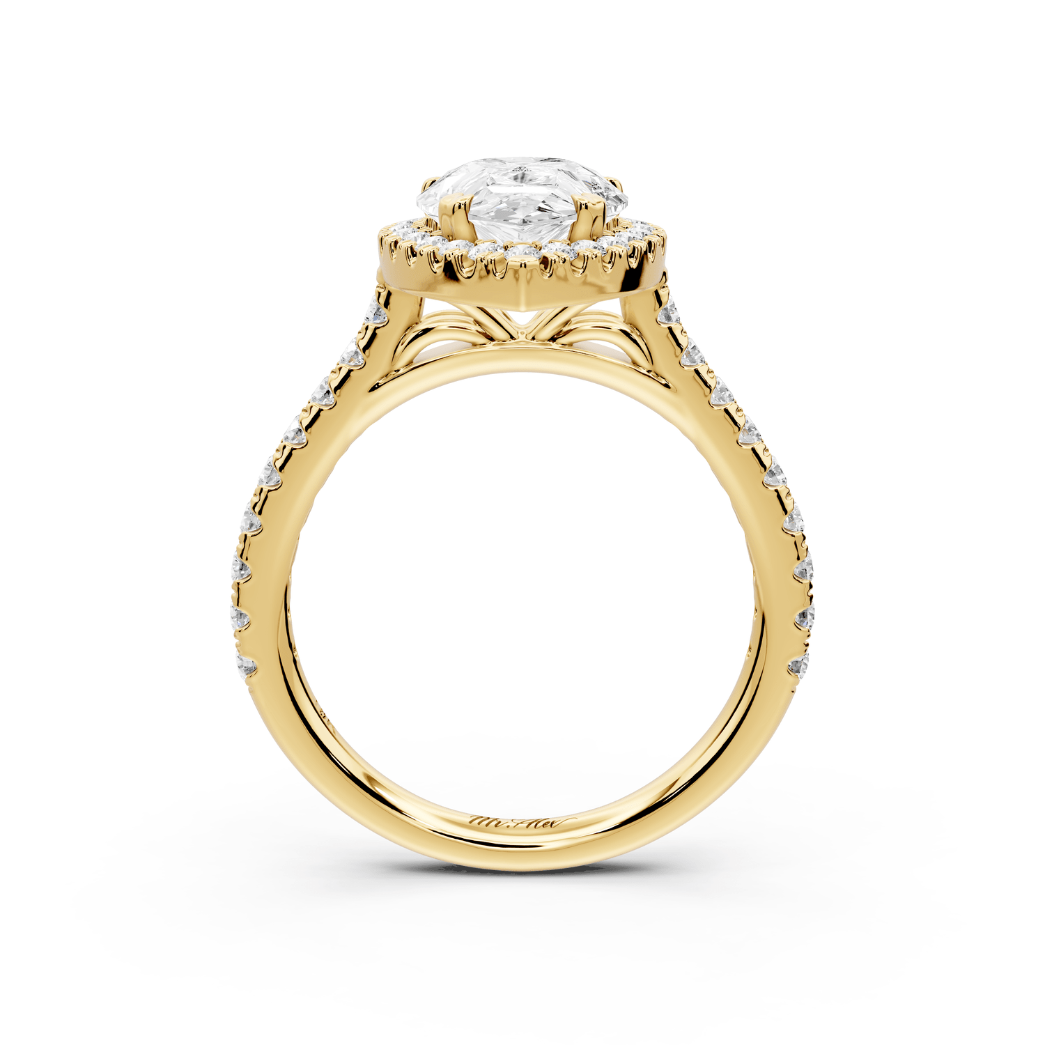 Marcella - 2ct 14k yellow gold pear halo double talon prong cathedral pavé engagament ring - Mr. Alex Jewelry