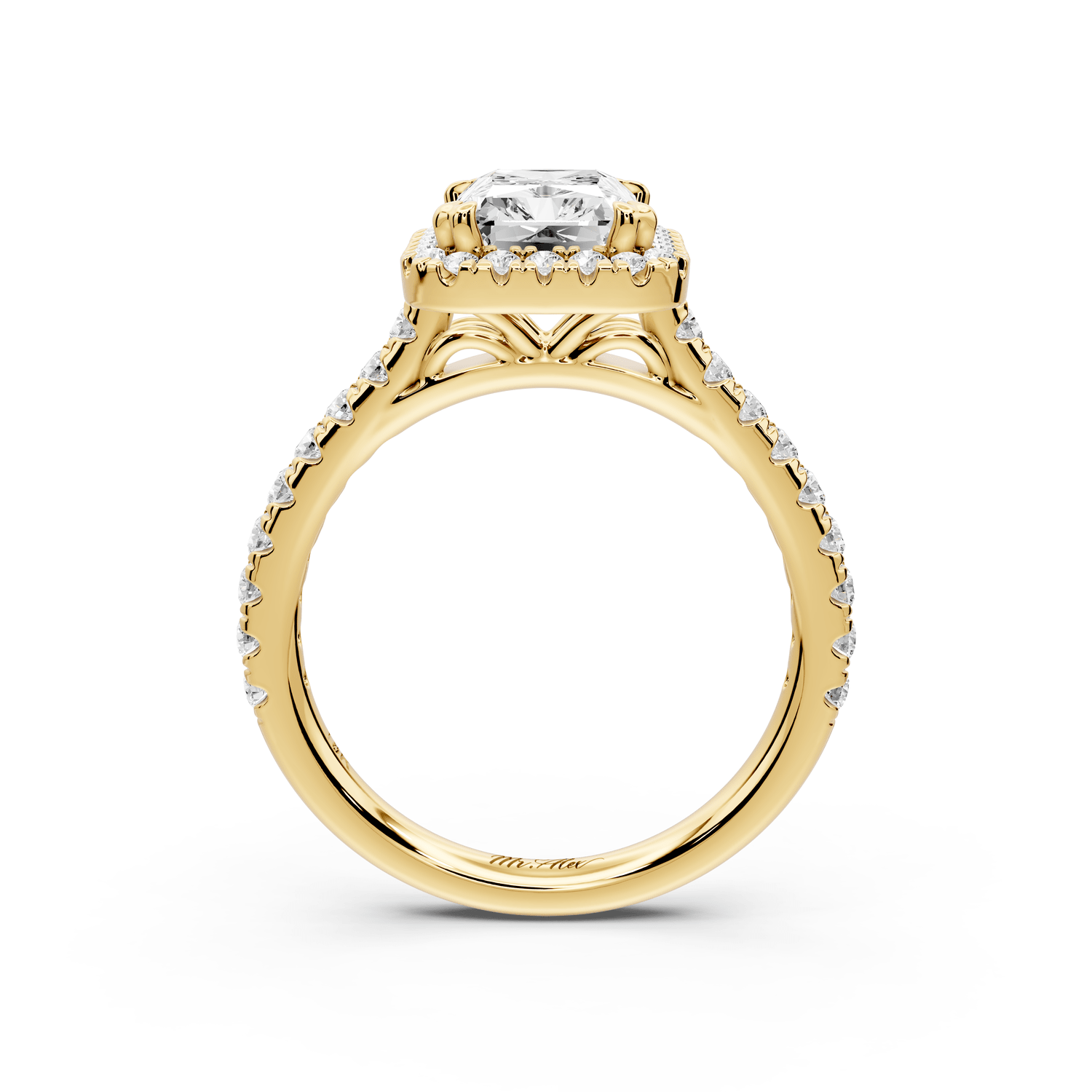 Marcella - 2ct 14k yellow gold radiant halo double talon prong cathedral pavé engagement ring - Mr. Alex Jewelry