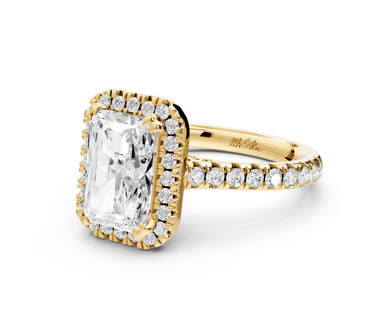 Marcella - 2ct 14k yellow gold radiant halo double talon prong cathedral pavé engagement ring - Mr. Alex Jewelry