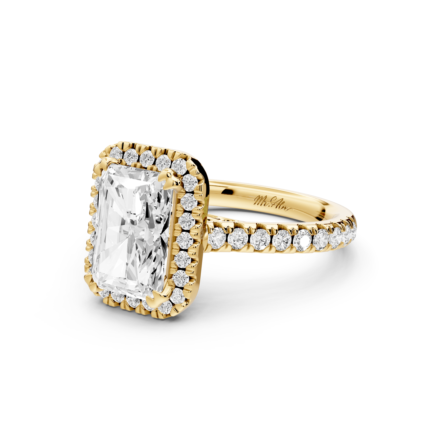 Marcella - 2ct 14k yellow gold radiant halo double talon prong cathedral pavé engagement ring - Mr. Alex Jewelry