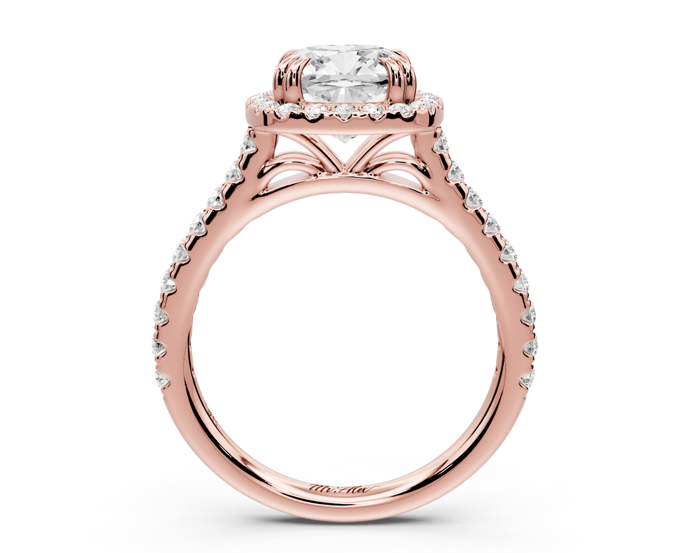 Marcella - 2ct 18k rose gold cushion halo double talon prong cathedral pavé engagement ring - Mr. Alex Jewelry