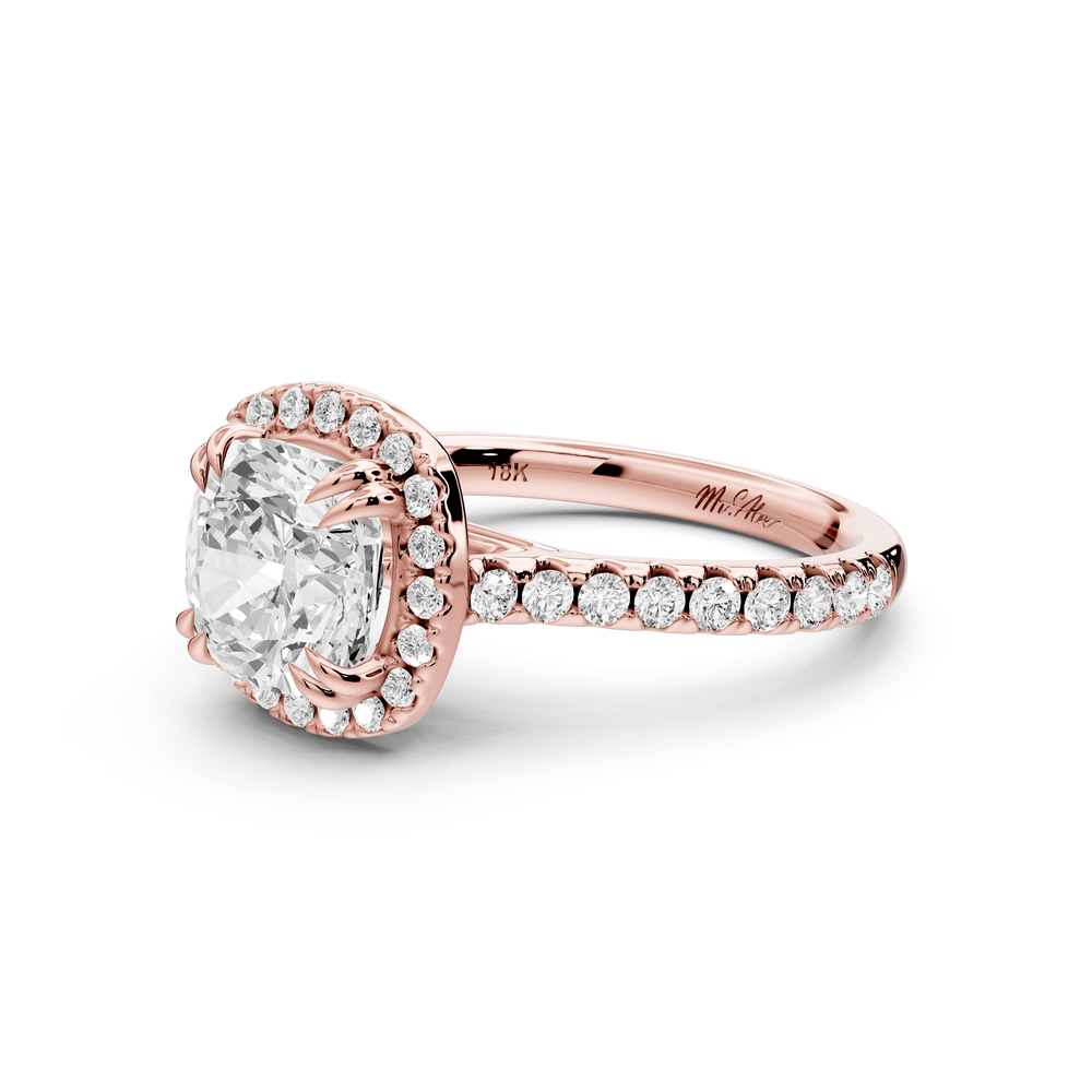 Marcella - 2ct 18k rose gold cushion halo double talon prong cathedral pavé engagement ring - Mr. Alex Jewelry