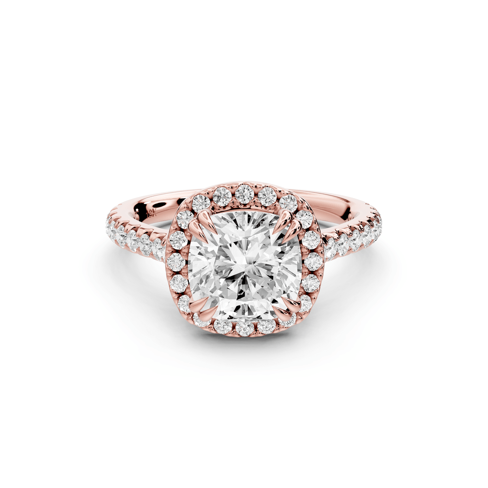 Marcella - 2ct 18k rose gold cushion halo double talon prong cathedral pavé engagement ring - Mr. Alex Jewelry