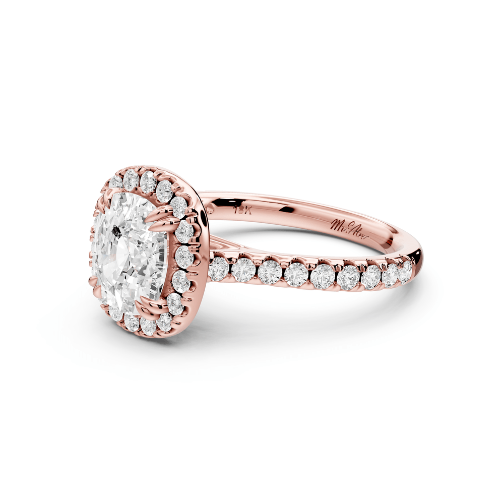 Marcella - 2ct 18k rose gold ecushion halo double talon prong cathedral pavé engagement ring - Mr. Alex Jewelry