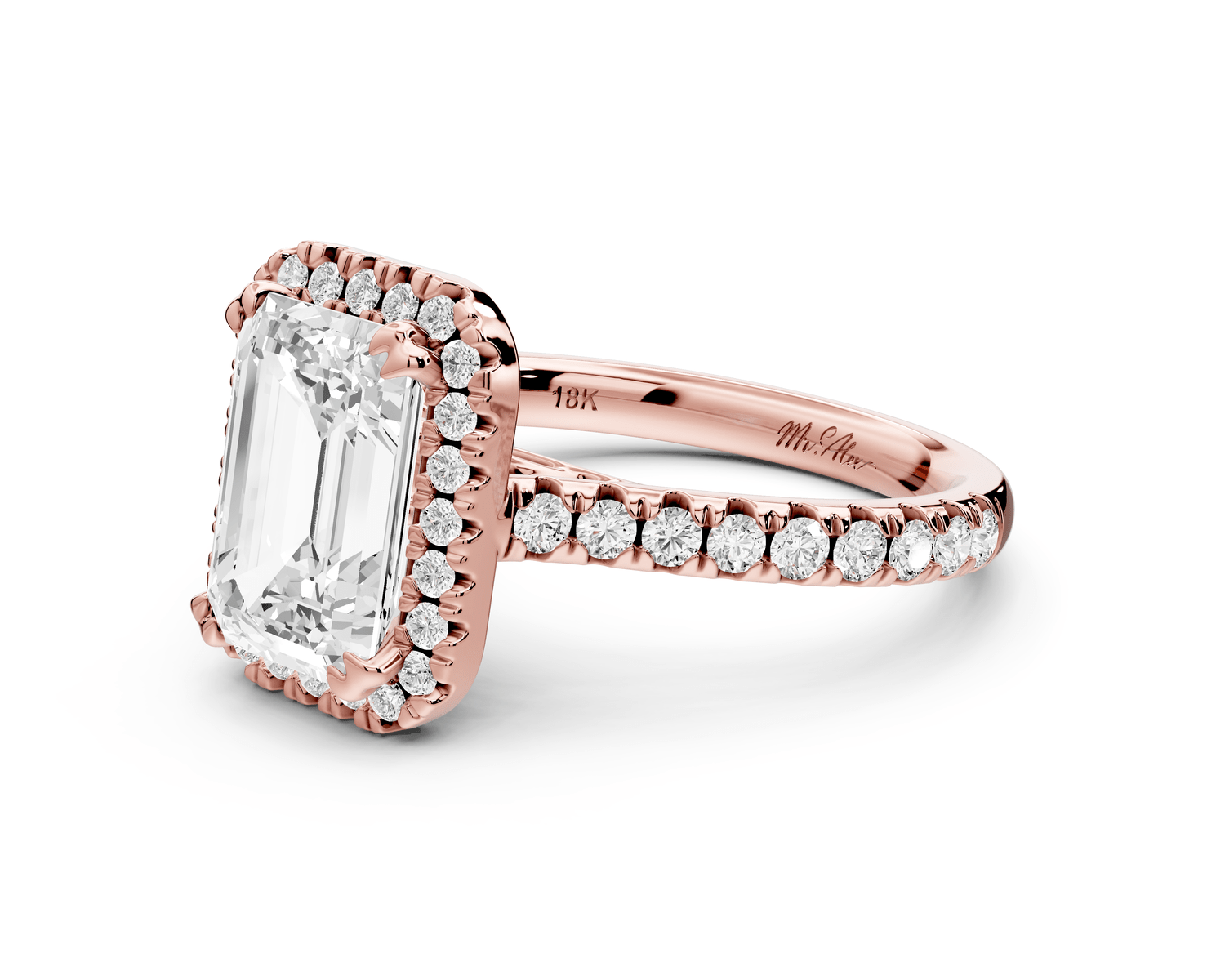 Marcella - 2ct 18k rose gold emerald halo double talon prong cathedral pavé engagament ring - Mr. Alex Jewelry