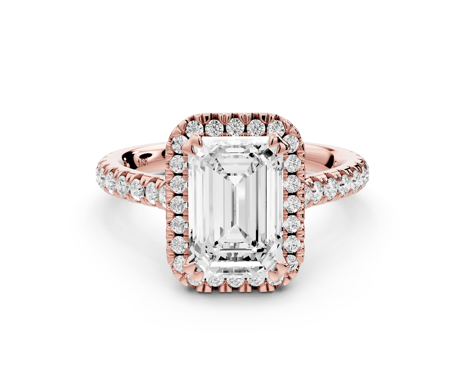Marcella - 2ct 18k rose gold emerald halo double talon prong cathedral pavé engagament ring - Mr. Alex Jewelry