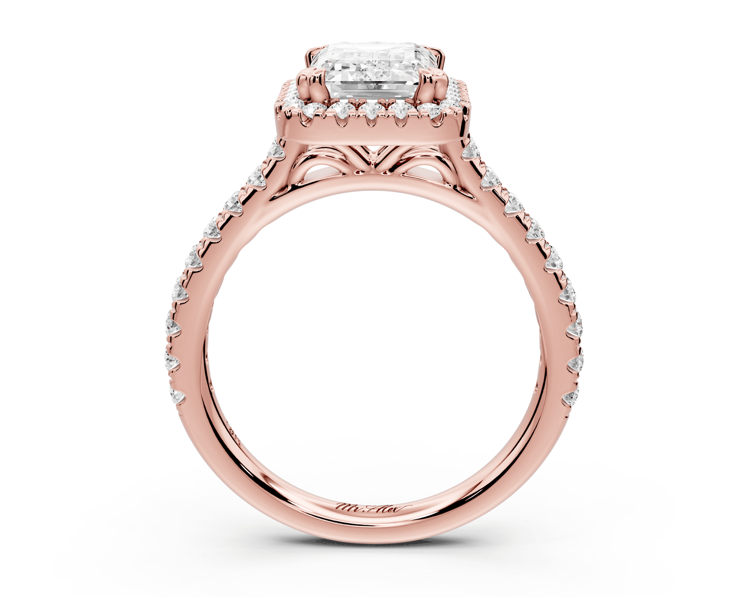 Marcella - 2ct 18k rose gold emerald halo double talon prong cathedral pavé engagament ring - Mr. Alex Jewelry