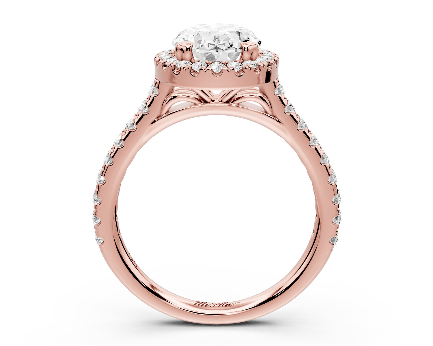 Marcella - 2ct 18k rose gold oval halo double talon prong cathedral pavé engagament ring - Mr. Alex Jewelry