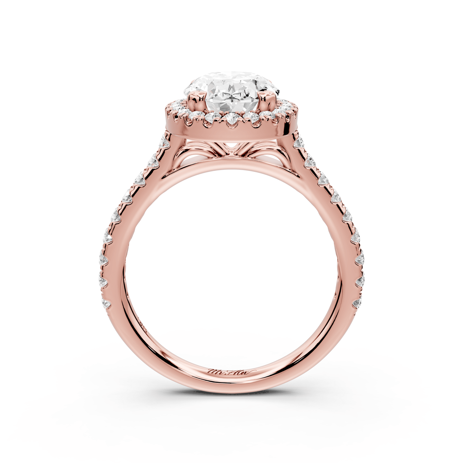 Marcella - 2ct 18k rose gold oval halo double talon prong cathedral pavé engagament ring - Mr. Alex Jewelry