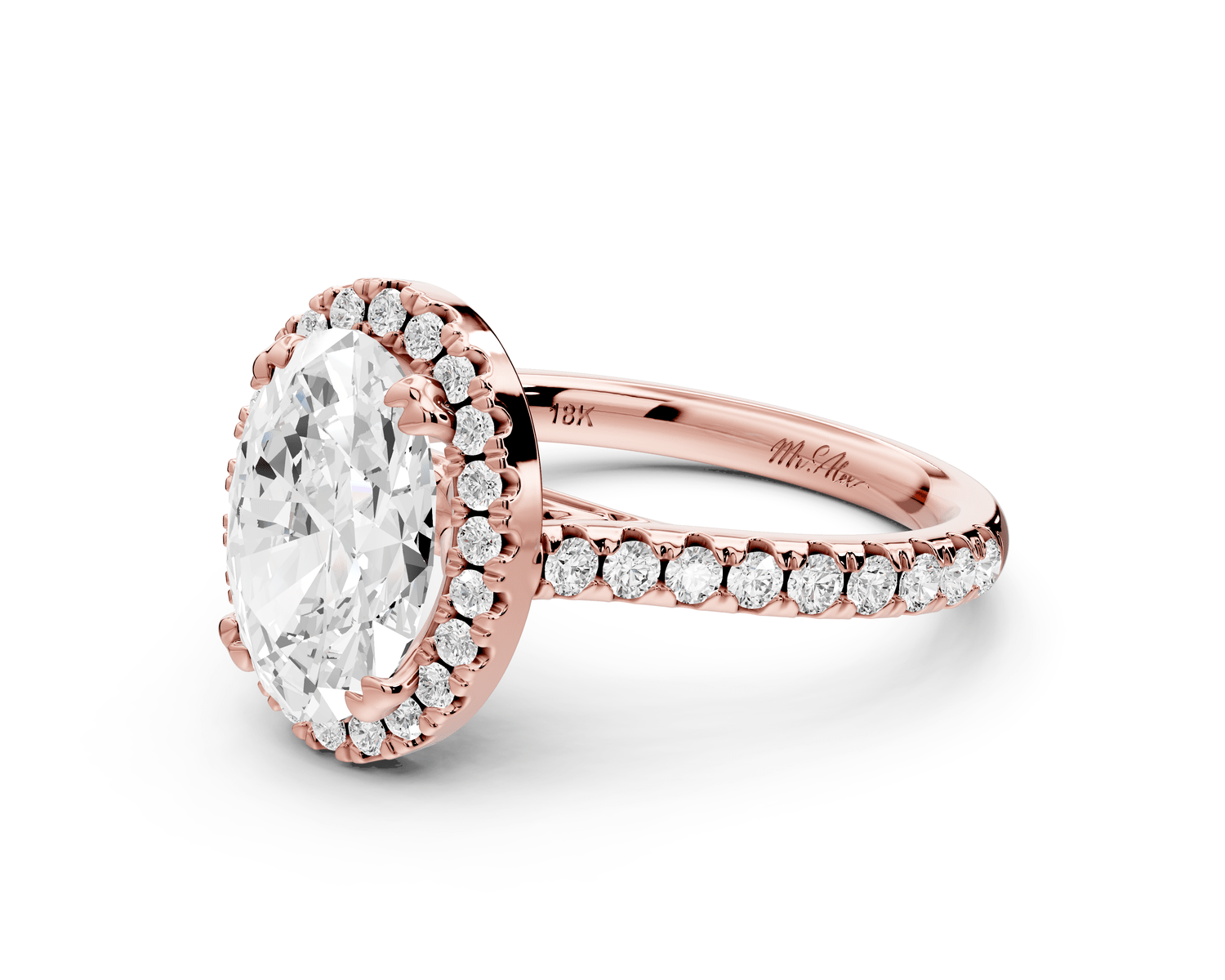 Marcella - 2ct 18k rose gold oval halo double talon prong cathedral pavé engagament ring - Mr. Alex Jewelry