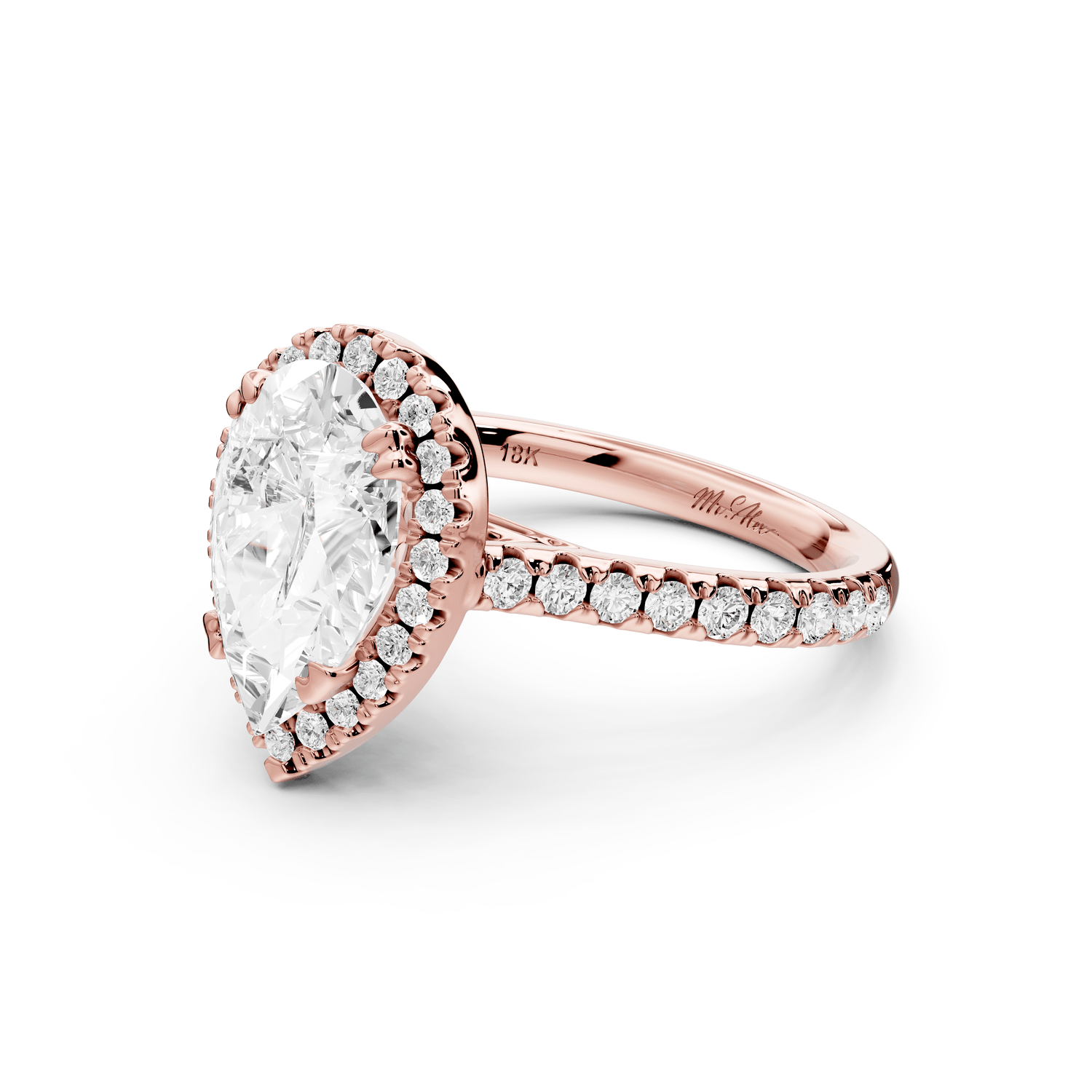 Marcella - 2ct 18k rose gold pear halo double talon prong cathedral pavé engagament ring - Mr. Alex Jewelry