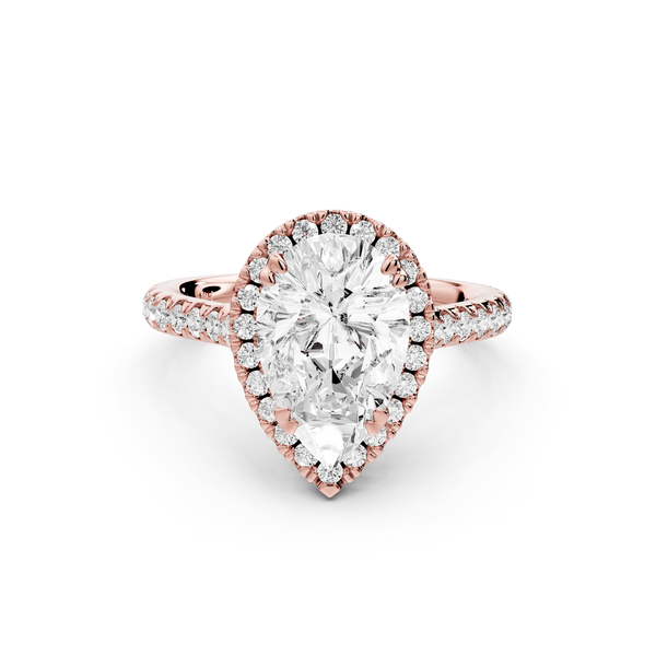 Marcella - 2ct 18k rose gold pear halo double talon prong cathedral pavé engagament ring - Mr. Alex Jewelry