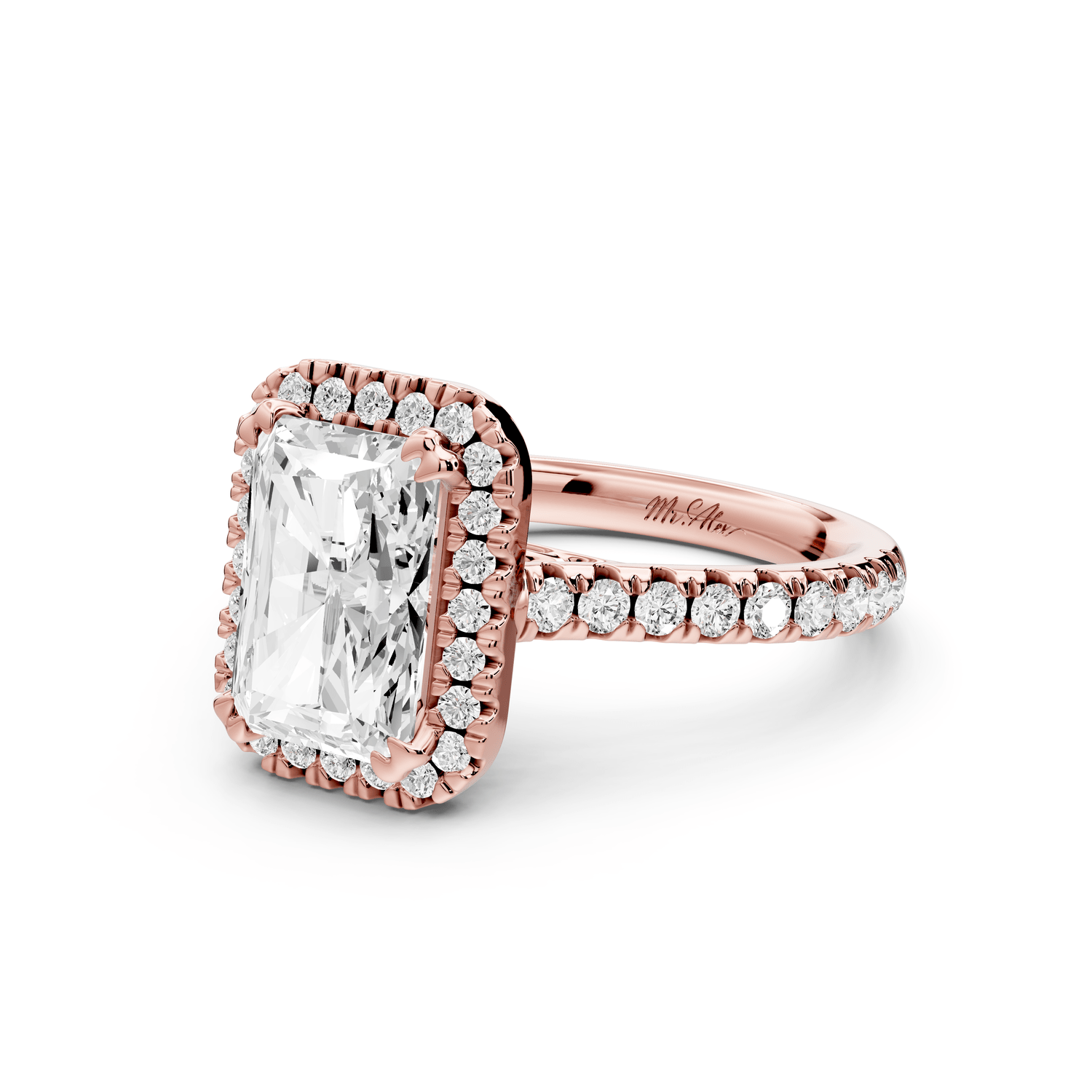 Marcella - 2ct 18k rose gold radiant halo double talon prong cathedral pavé engagement ring - Mr. Alex Jewelry
