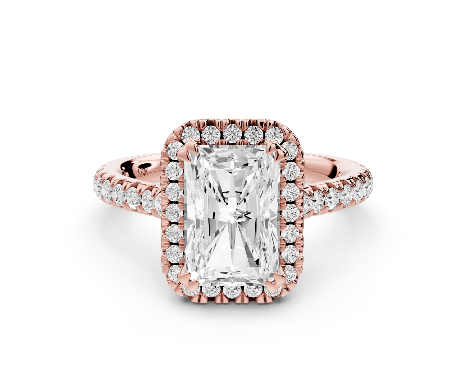 Marcella - 2ct 18k rose gold radiant halo double talon prong cathedral pavé engagement ring - Mr. Alex Jewelry