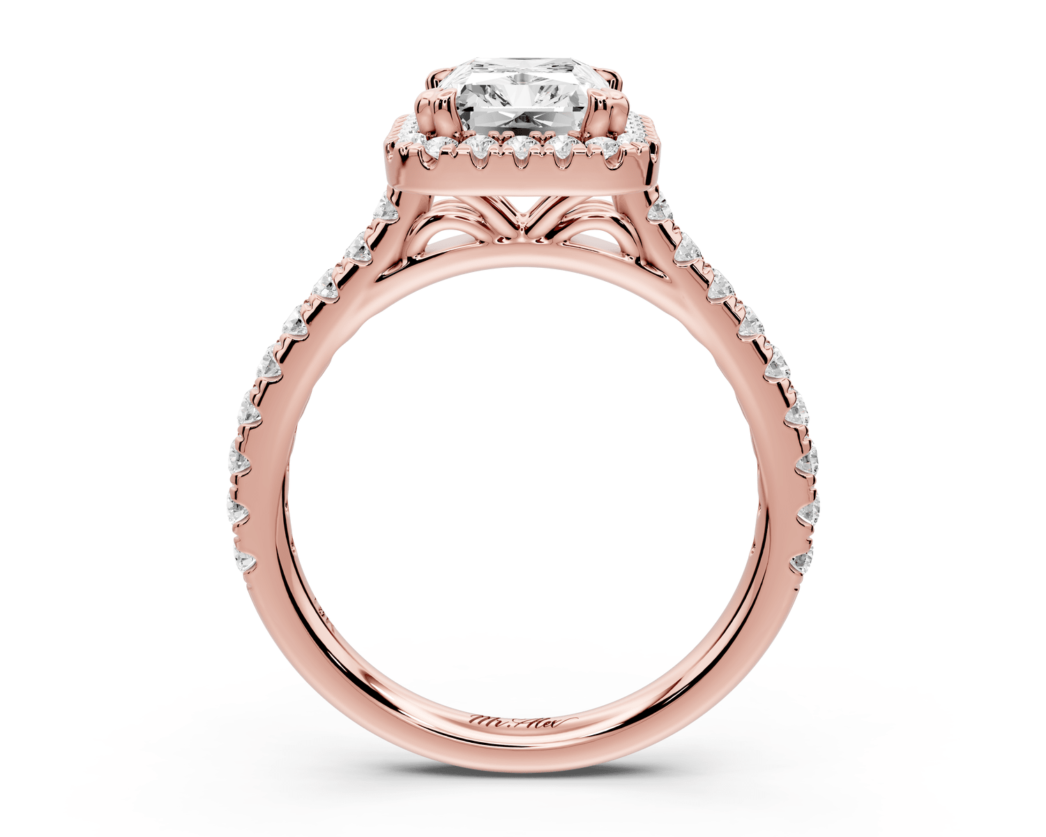 Marcella - 2ct 18k rose gold radiant halo double talon prong cathedral pavé engagement ring - Mr. Alex Jewelry
