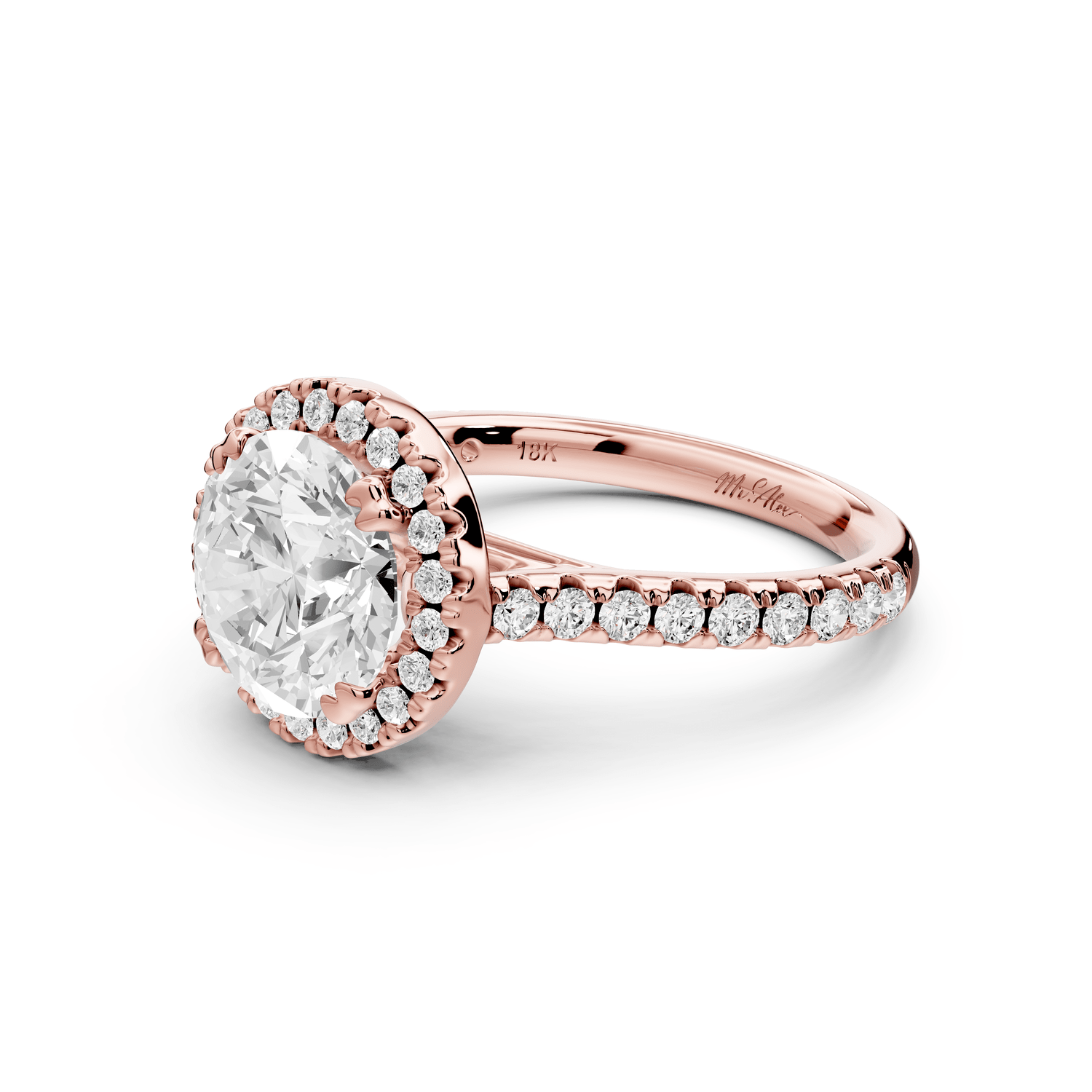Marcella - 2ct 18k rose gold round halo double talon prong cathedral pavé engagement ring - Mr. Alex Jewelry