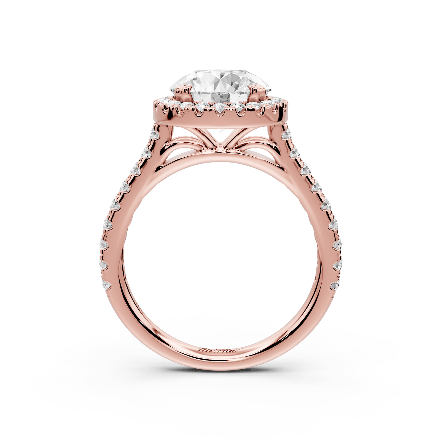 Marcella - 2ct 18k rose gold round halo double talon prong cathedral pavé engagement ring - Mr. Alex Jewelry