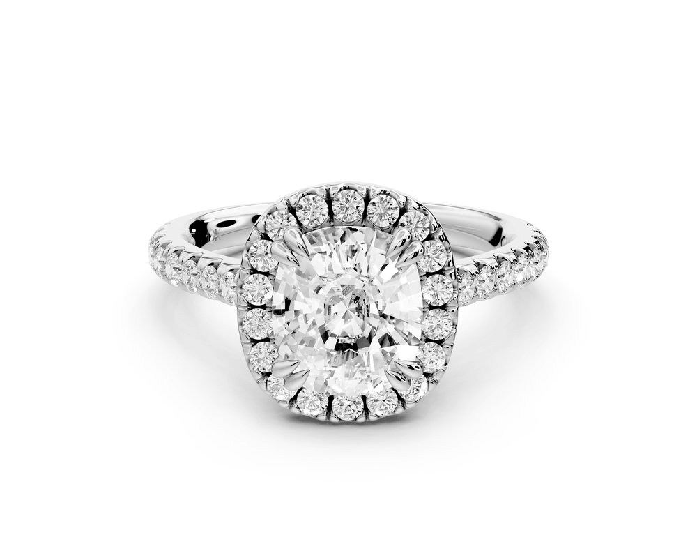 Marcella - 2ct 18k white gold ecushion halo double talon prong cathedral pavé engagement ring - Mr. Alex Jewelry