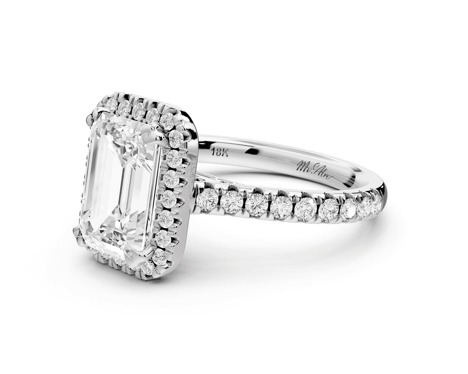 Marcella - 2ct 18k white gold emerald halo double talon prong cathedral pavé engagament ring - Mr. Alex Jewelry