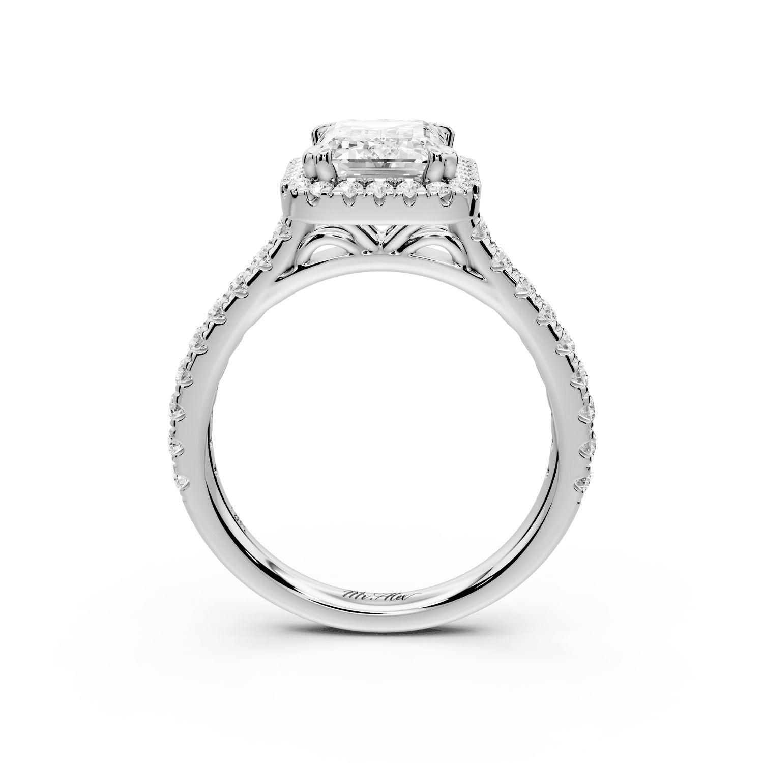 Marcella - 2ct 18k white gold emerald halo double talon prong cathedral pavé engagament ring - Mr. Alex Jewelry