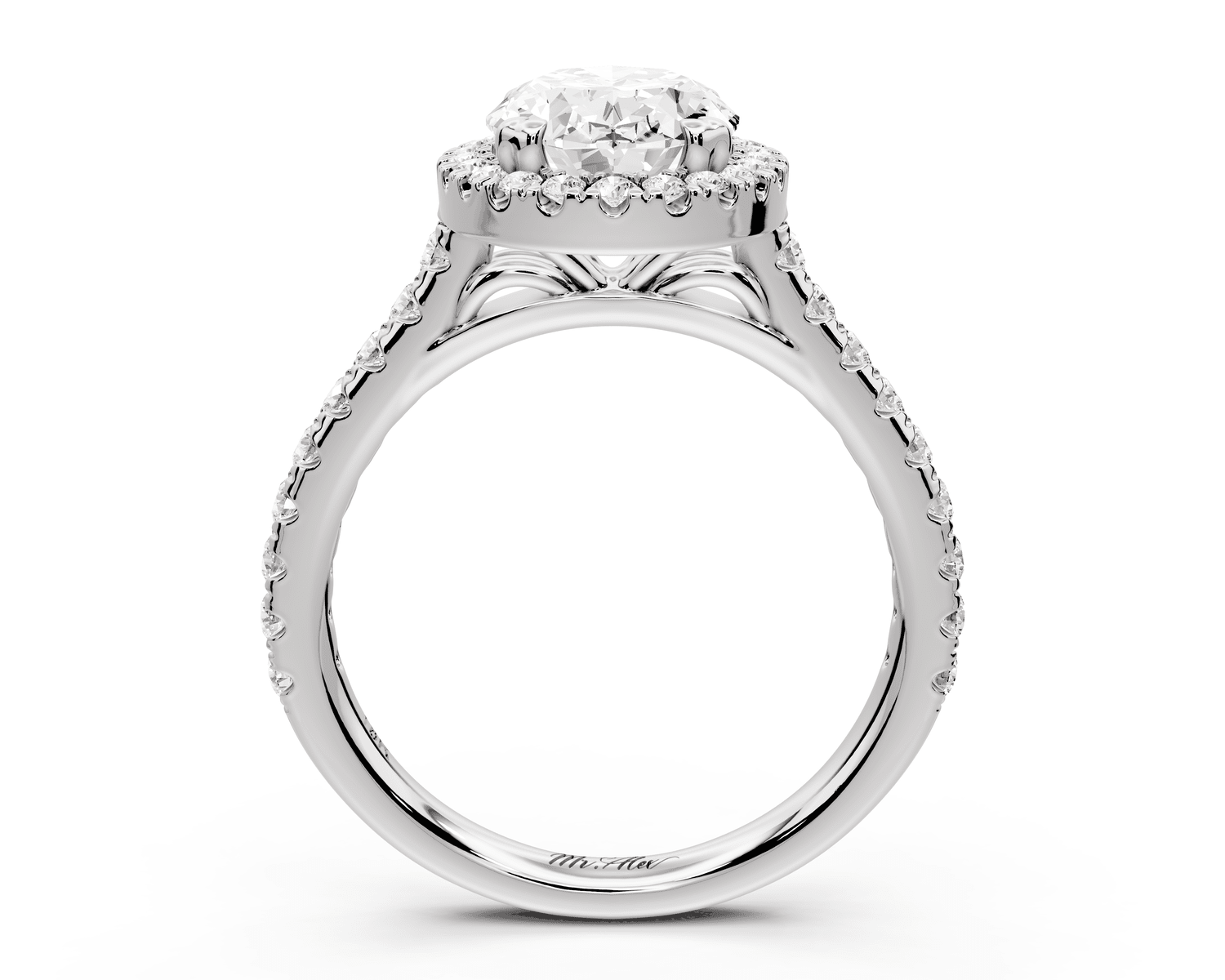 Marcella - 2ct 18k white gold oval halo double talon prong cathedral pavé engagament ring - Mr. Alex Jewelry