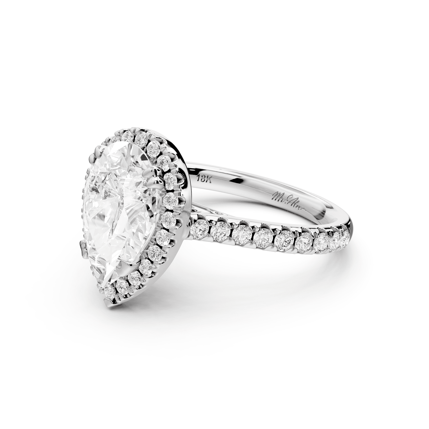Marcella - 2ct 18k white gold pear halo double talon prong cathedral pavé engagament ring - Mr. Alex Jewelry