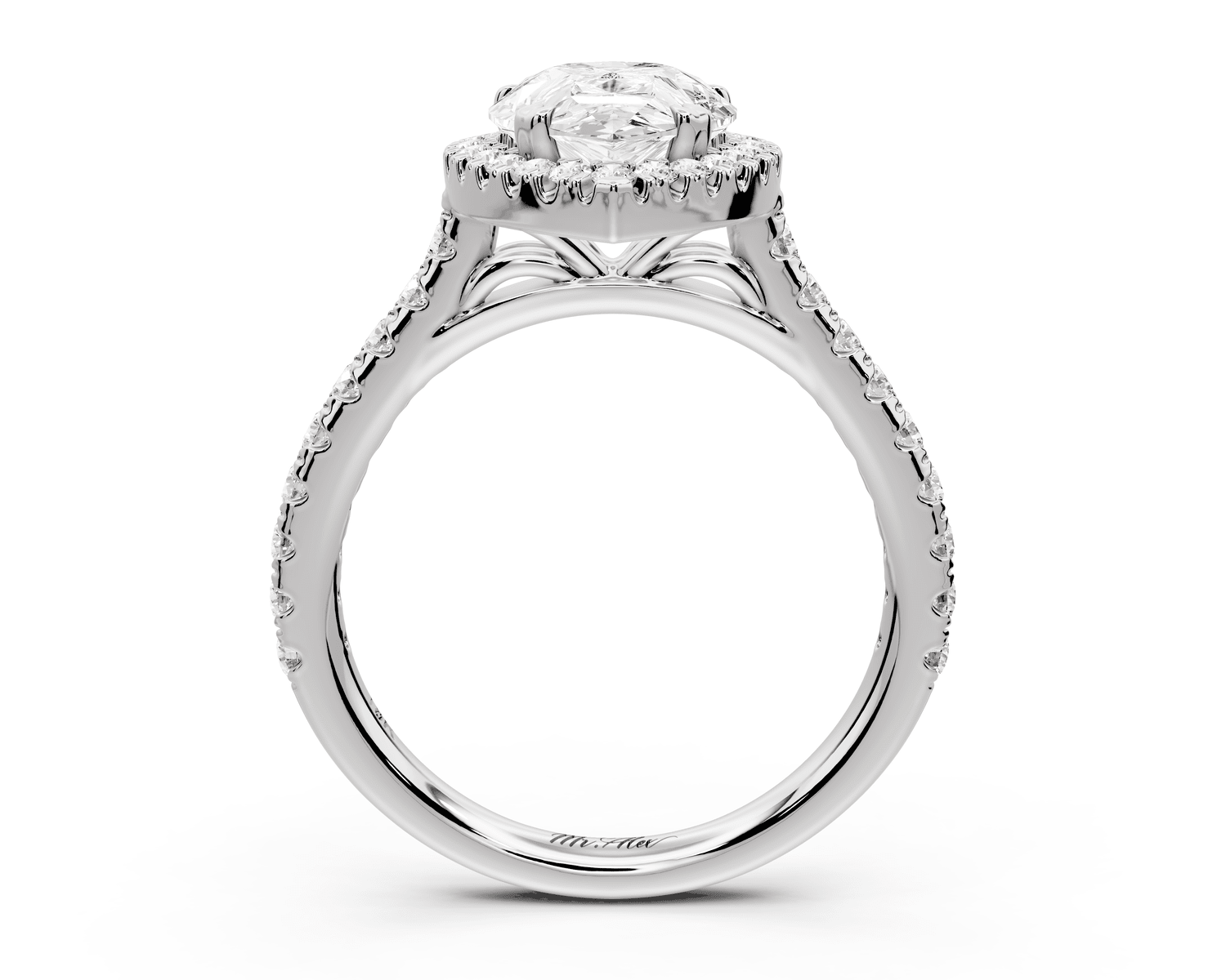 Marcella - 2ct 18k white gold pear halo double talon prong cathedral pavé engagament ring - Mr. Alex Jewelry