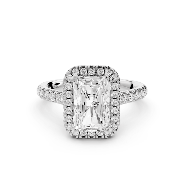 Marcella - 2ct 18k white gold radiant halo double talon prong cathedral pavé engagement ring - Mr. Alex Jewelry