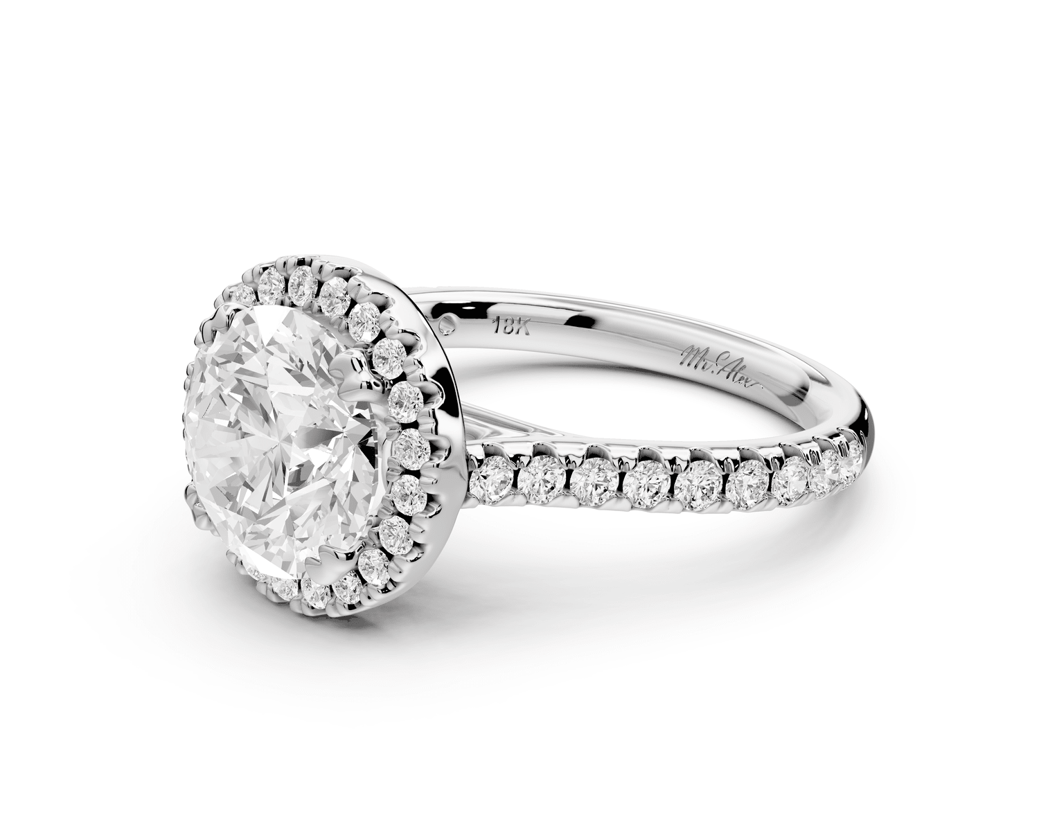Marcella - 2ct 18k white gold round halo double talon prong cathedral pavé engagement ring - Mr. Alex Jewelry