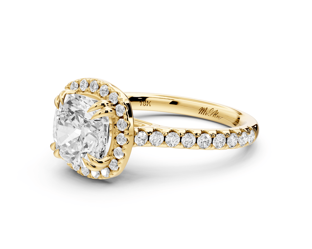 Marcella - 2ct 18k yellow gold cushion halo double talon prong cathedral pavé engagement ring - Mr. Alex Jewelry