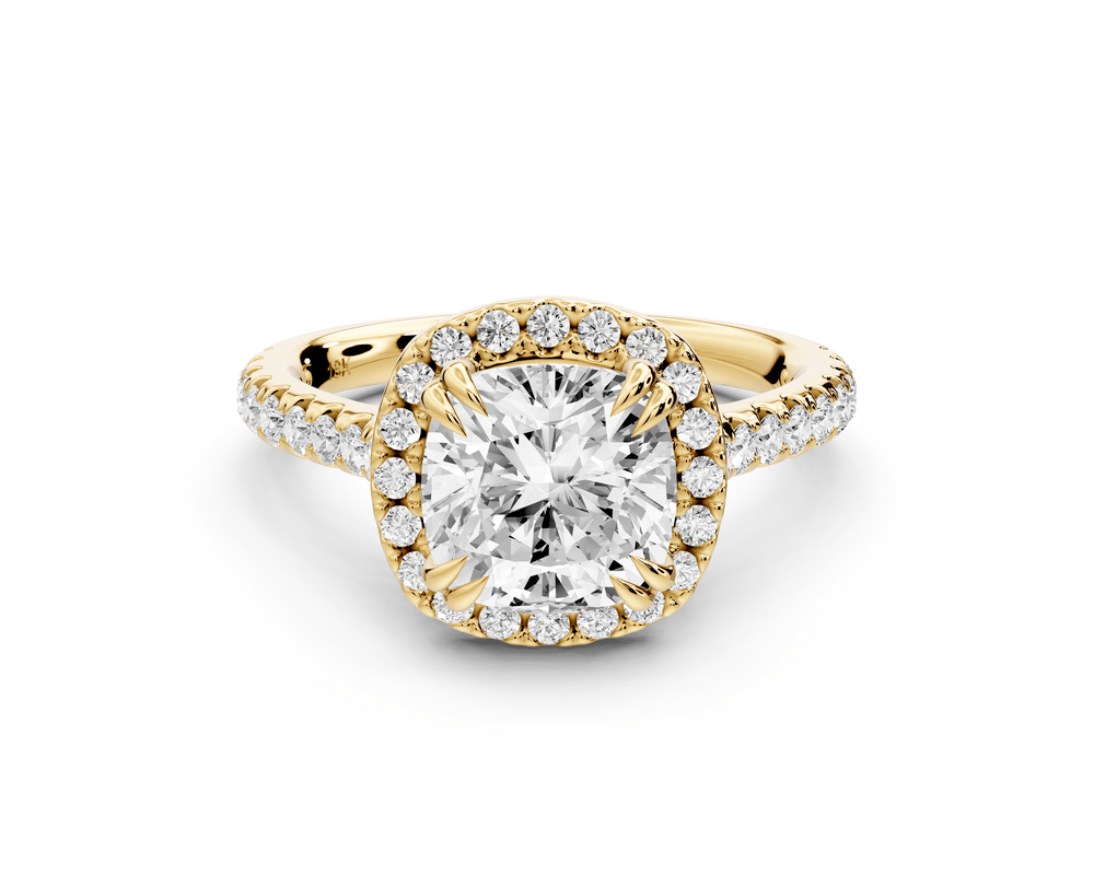 Marcella - 2ct 18k yellow gold cushion halo double talon prong cathedral pavé engagement ring - Mr. Alex Jewelry
