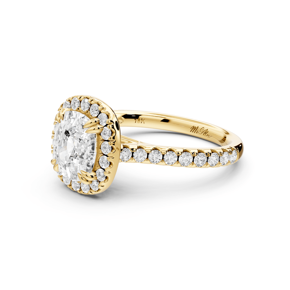 Marcella - 2ct 18k yellow gold ecushion halo double talon prong cathedral pavé engagement ring - Mr. Alex Jewelry