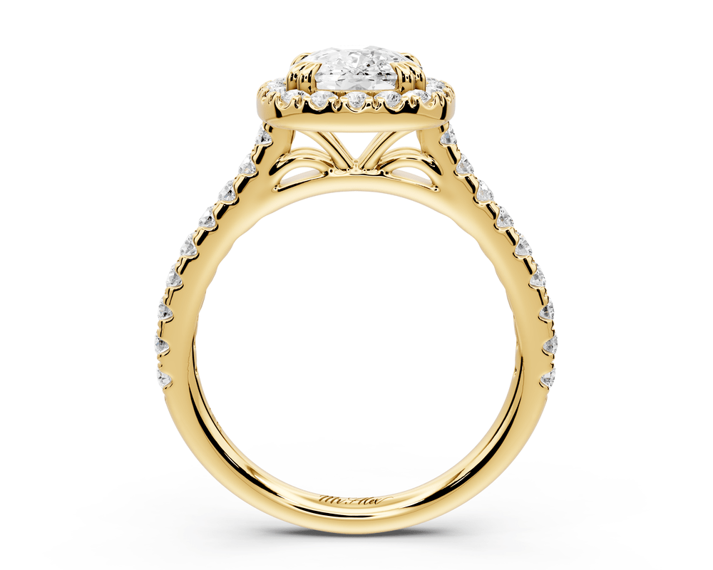 Marcella - 2ct 18k yellow gold ecushion halo double talon prong cathedral pavé engagement ring - Mr. Alex Jewelry