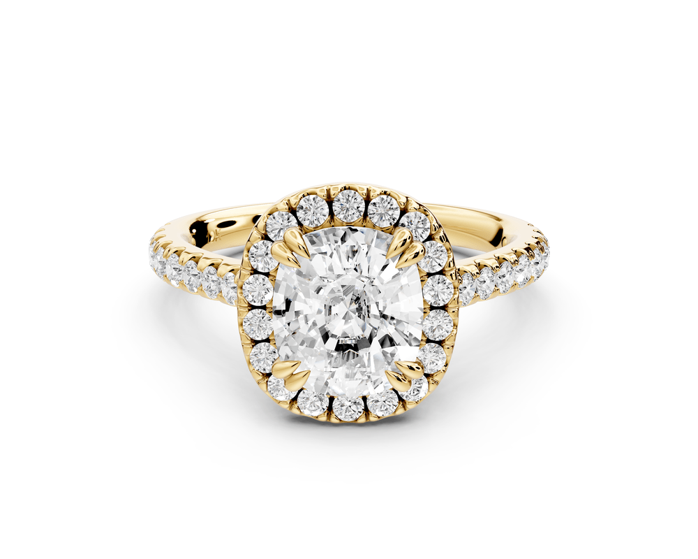 Marcella - 2ct 18k yellow gold ecushion halo double talon prong cathedral pavé engagement ring - Mr. Alex Jewelry