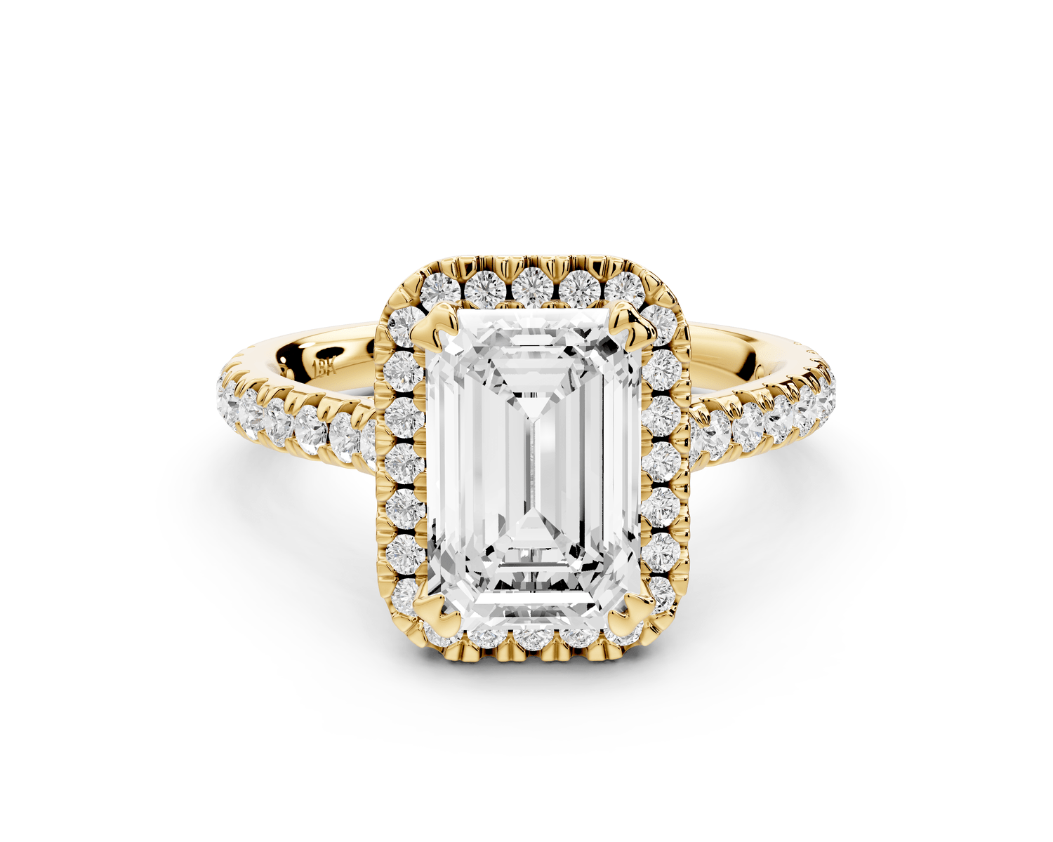 Marcella - 2ct 18k yellow gold emerald halo double talon prong cathedral pavé engagament ring - Mr. Alex Jewelry