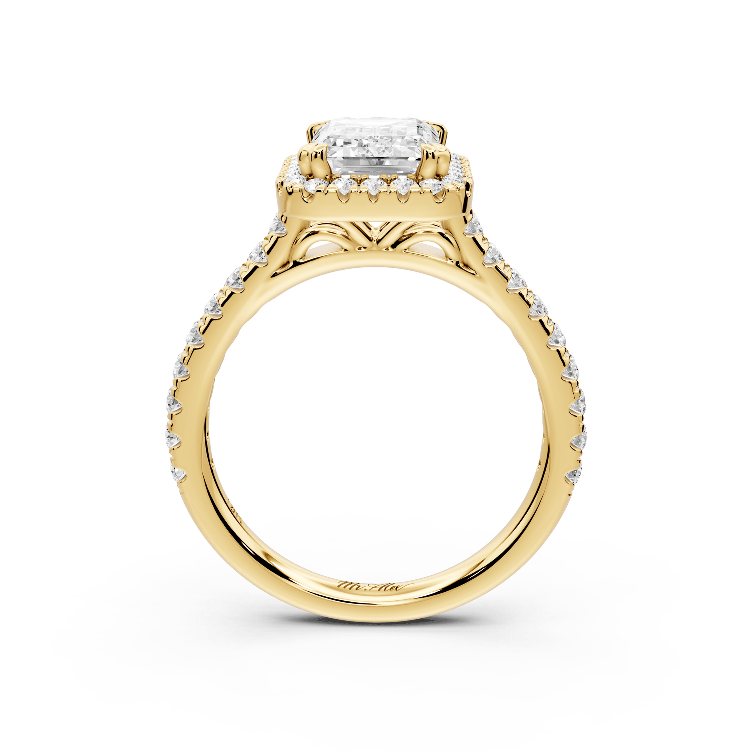 Marcella - 2ct 18k yellow gold emerald halo double talon prong cathedral pavé engagament ring - Mr. Alex Jewelry