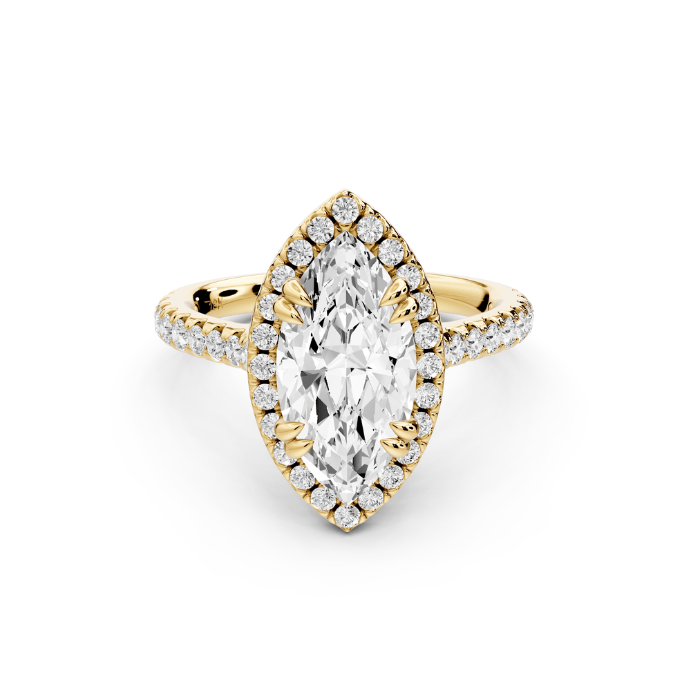 Marcella - 2ct 18k yellow gold marquise halo double talon prong cathedral pavé engagement ring - Mr. Alex Jewelry