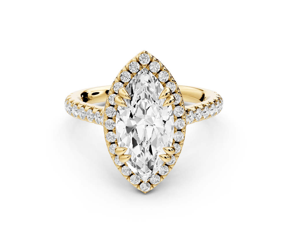 Marcella - 2ct 18k yellow gold marquise halo double talon prong cathedral pavé engagement ring - Mr. Alex Jewelry