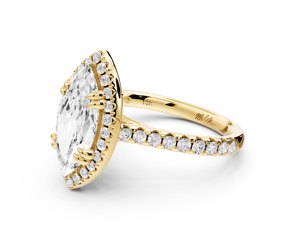 Marcella - 2ct 18k yellow gold marquise halo double talon prong cathedral pavé engagement ring - Mr. Alex Jewelry