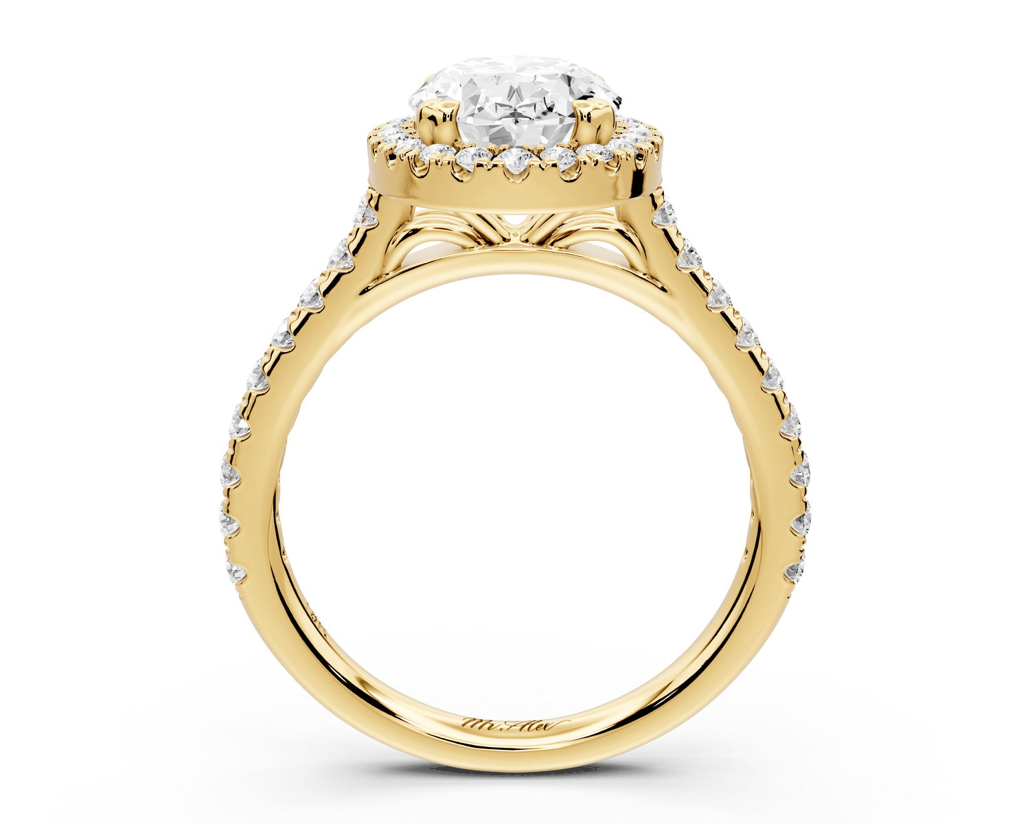 Marcella - 2ct 18k yellow gold oval halo double talon prong cathedral pavé engagament ring - Mr. Alex Jewelry